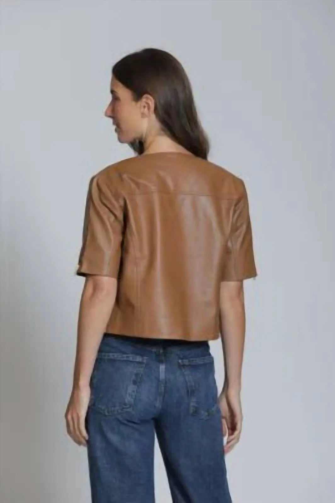 Collarless Short Sleeve Leather Moto Jacket