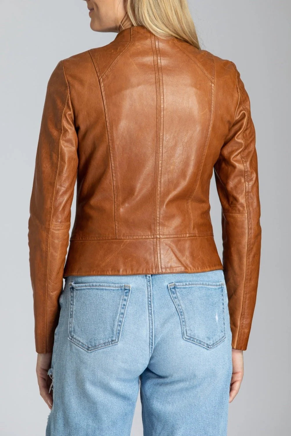 Collarless Lamb Leather Zip Up Jacket