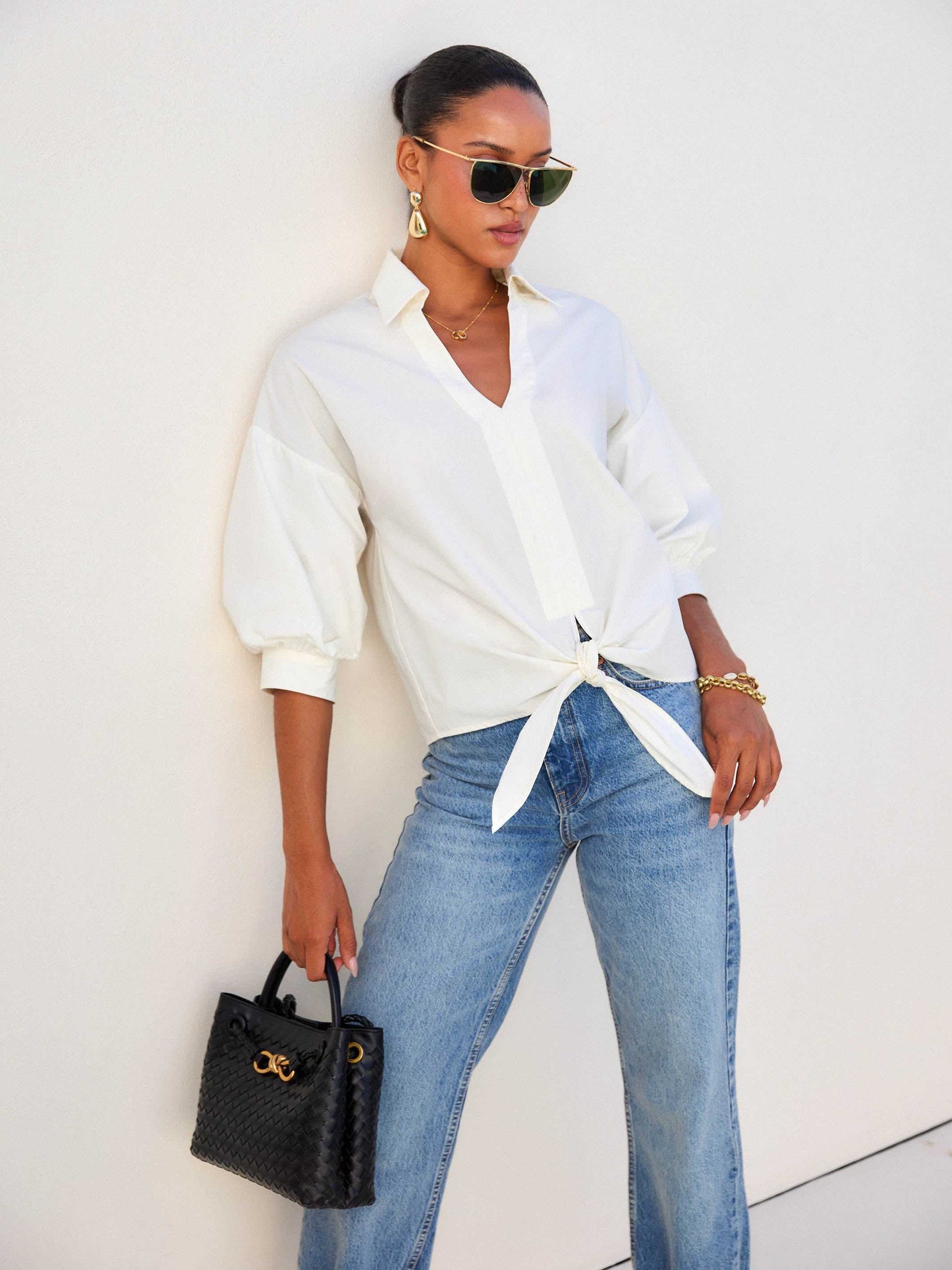 Jena Lantern Sleeve Tie-Front Top