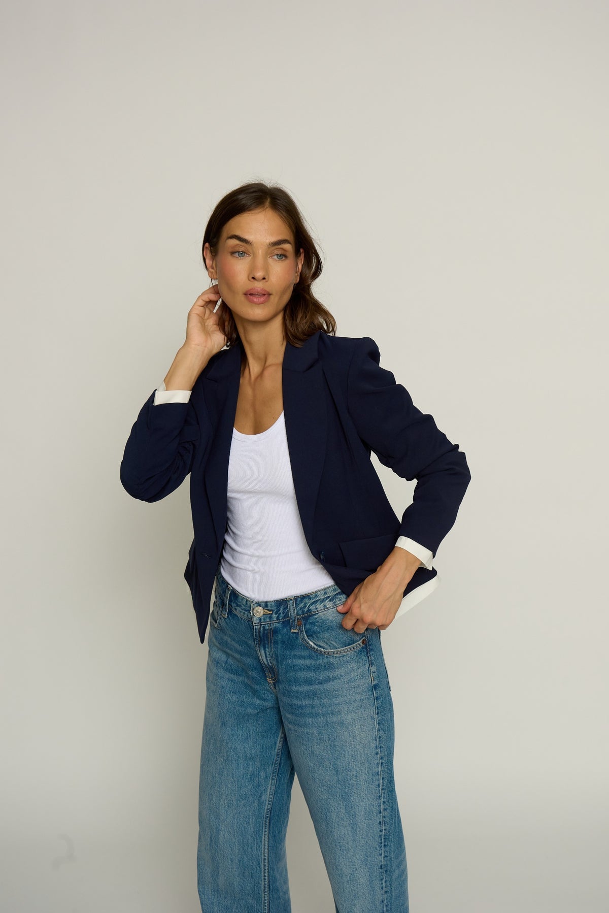 Scrunched Sleeve Blazer w/ Shirting