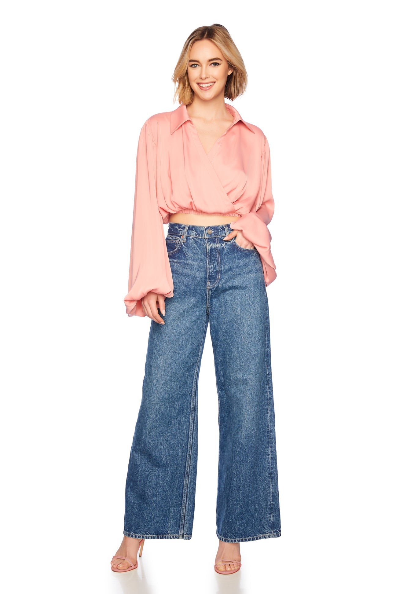 Matte Satin Wrap Poet Sleeve Top