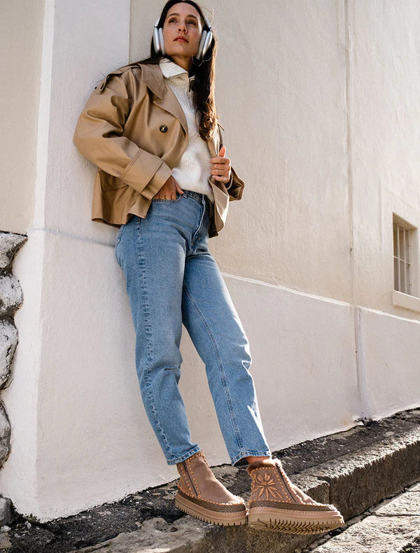 Setsu Floral Boot - Taupe Suede w Peach