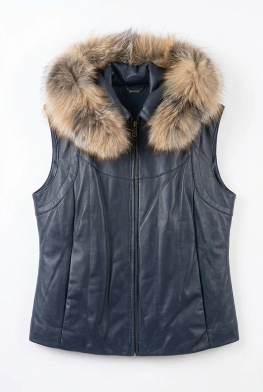Fur Hood Leather Coat w/ Removable Arms