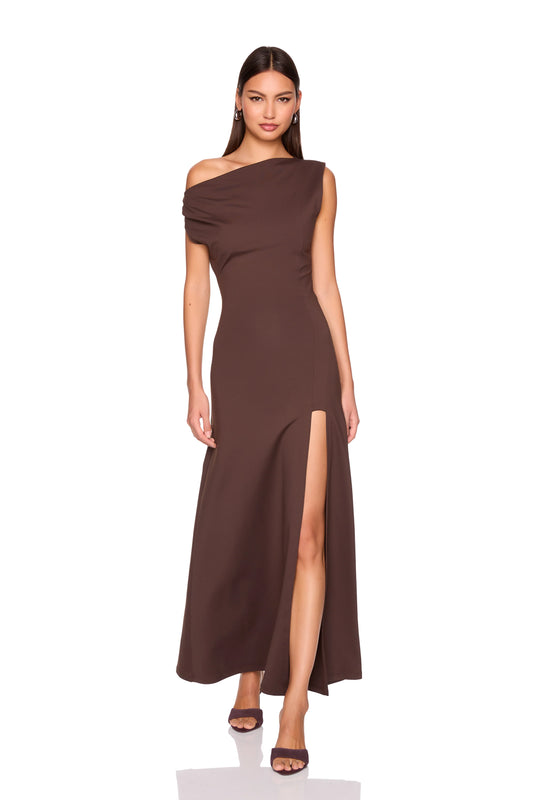 One Shoulder Gathered Slit Front Dress