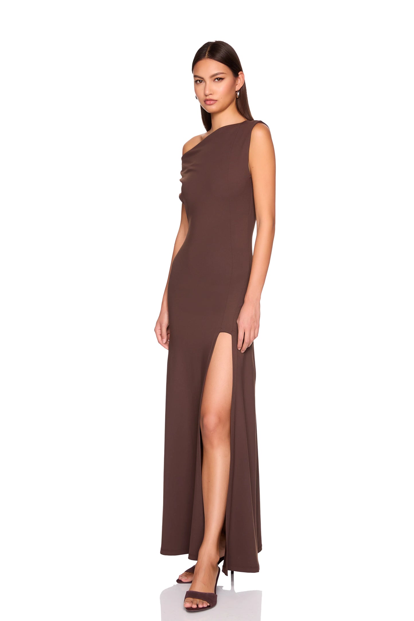 One Shoulder Gathered Slit Front Dress
