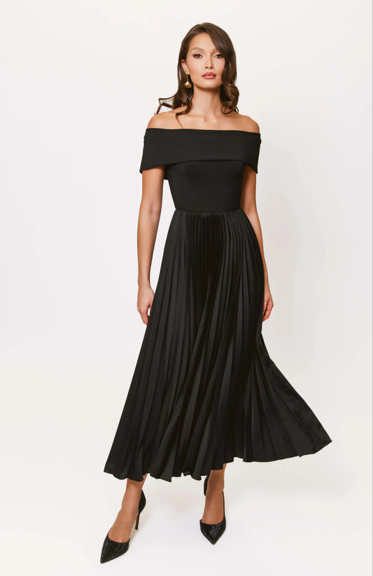 Off Shoulder Pleated Midi Dress