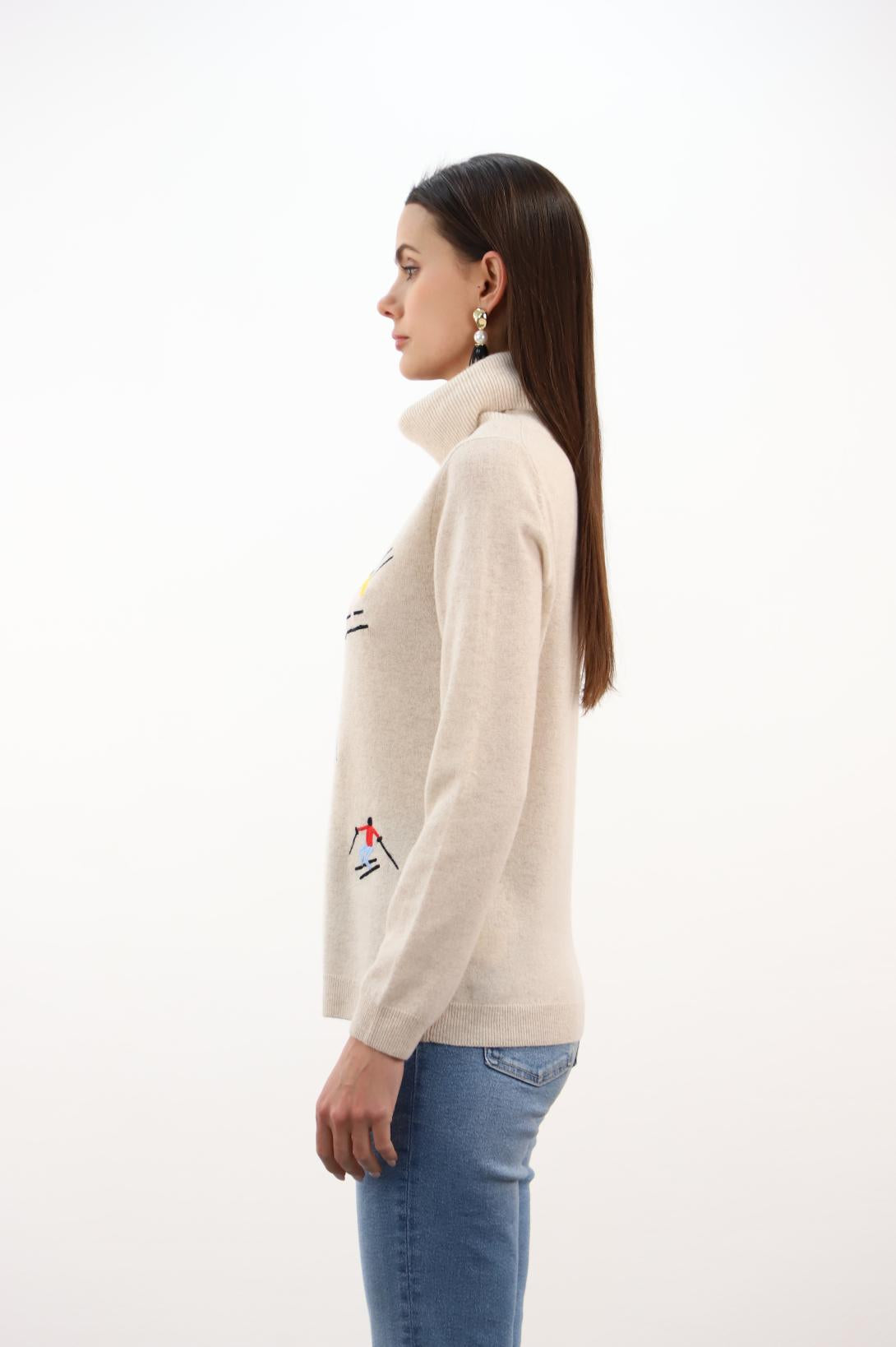 Roll-Neck Sweater w/ Skiers Embroidery
