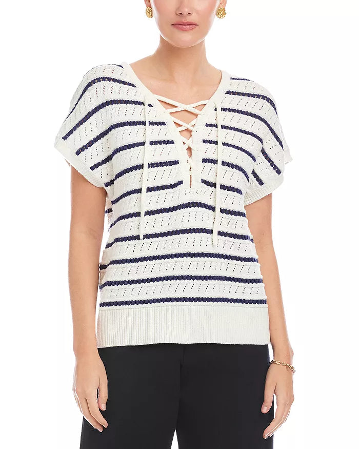 Beth Crochet Stripe Cap Sleeve Lace Up Sweater