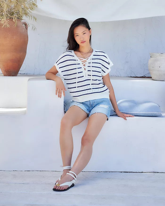 Beth Crochet Stripe Cap Sleeve Lace Up Sweater