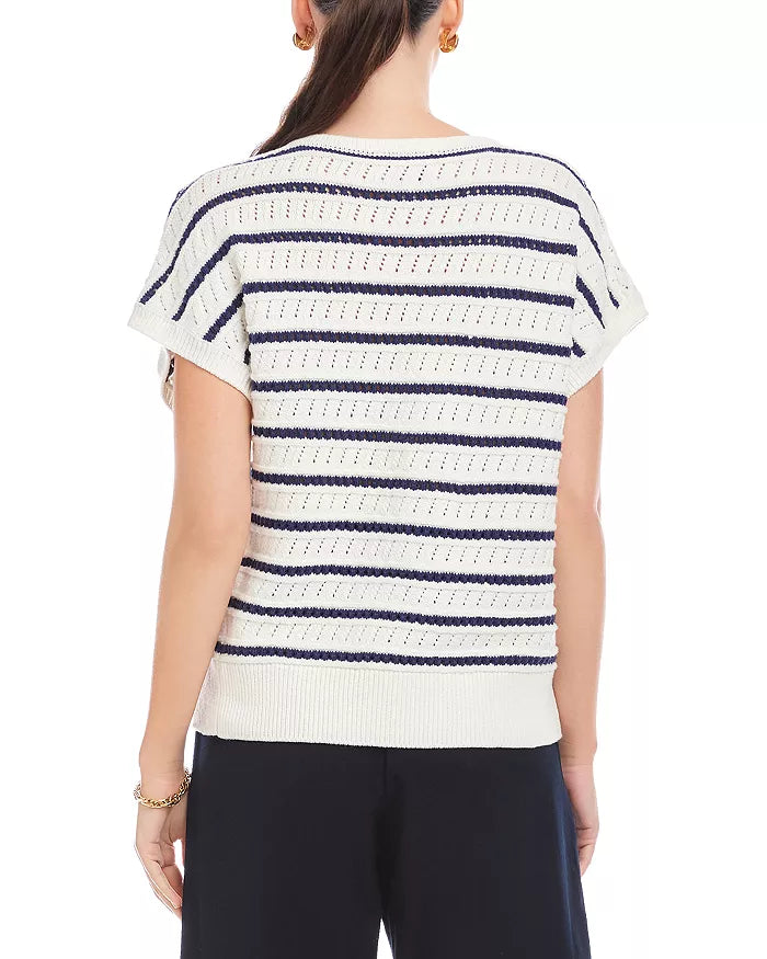 Beth Crochet Stripe Cap Sleeve Lace Up Sweater