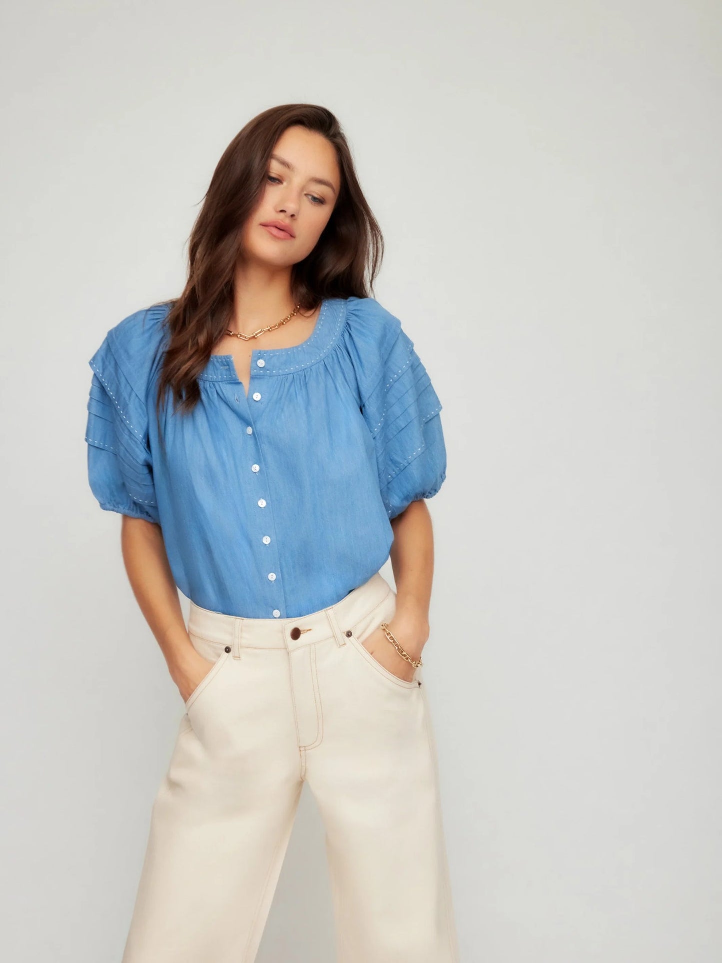 Shay Contrast Stitch Peasant Top