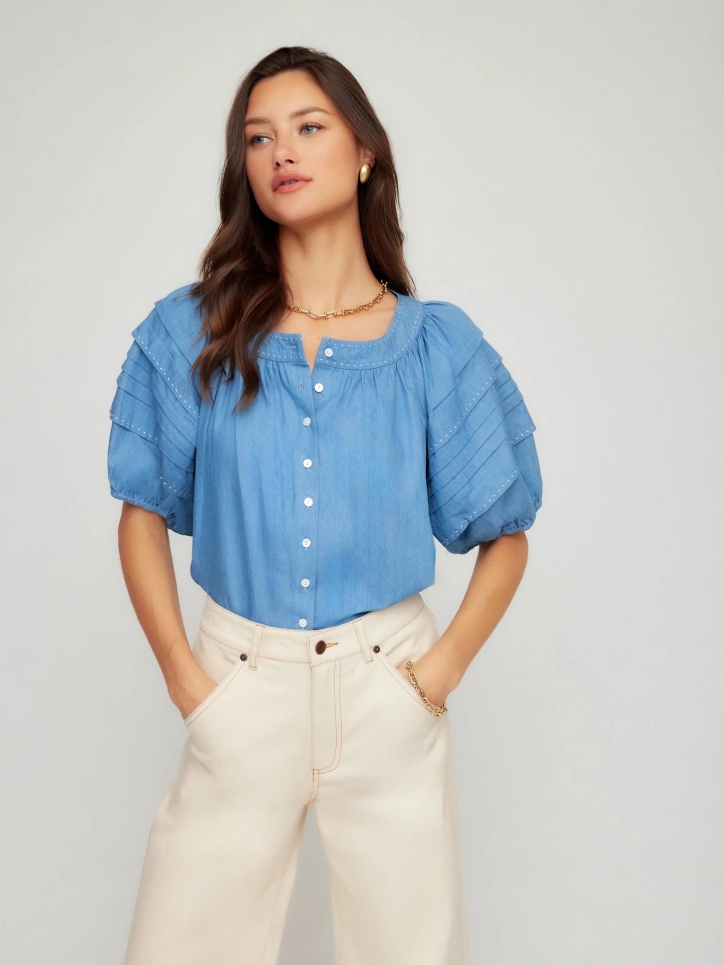Shay Contrast Stitch Peasant Top