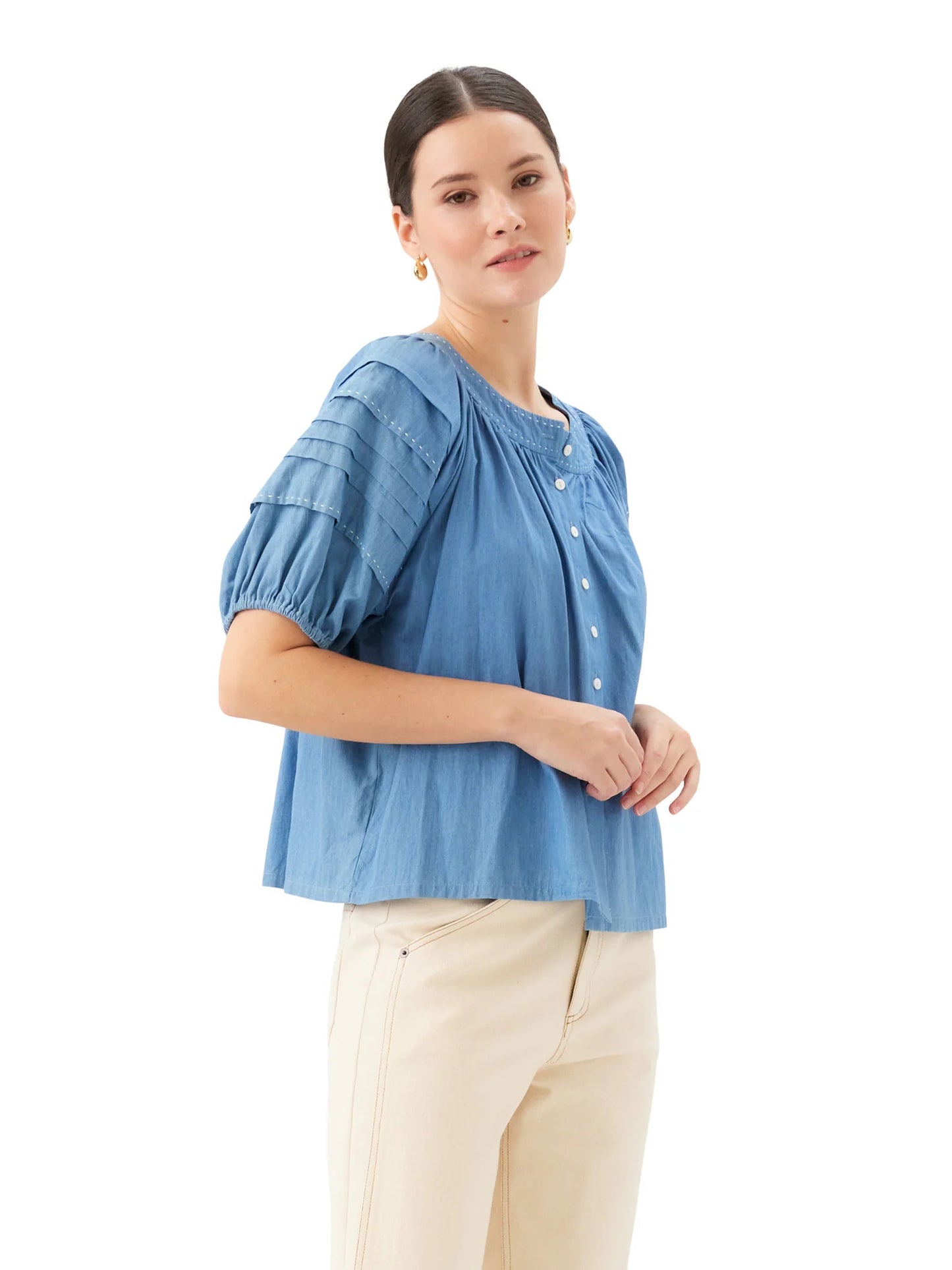Shay Contrast Stitch Peasant Top