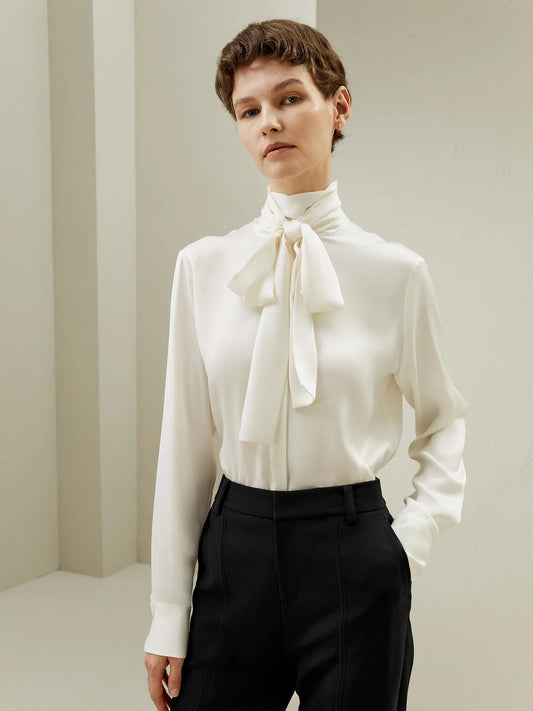 Silk Turtleneck Ribbon Blouse