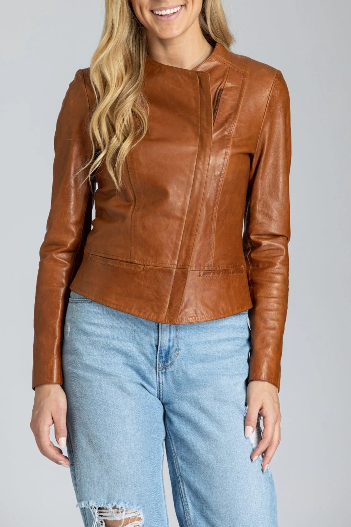 Collarless Lamb Leather Zip Up Jacket