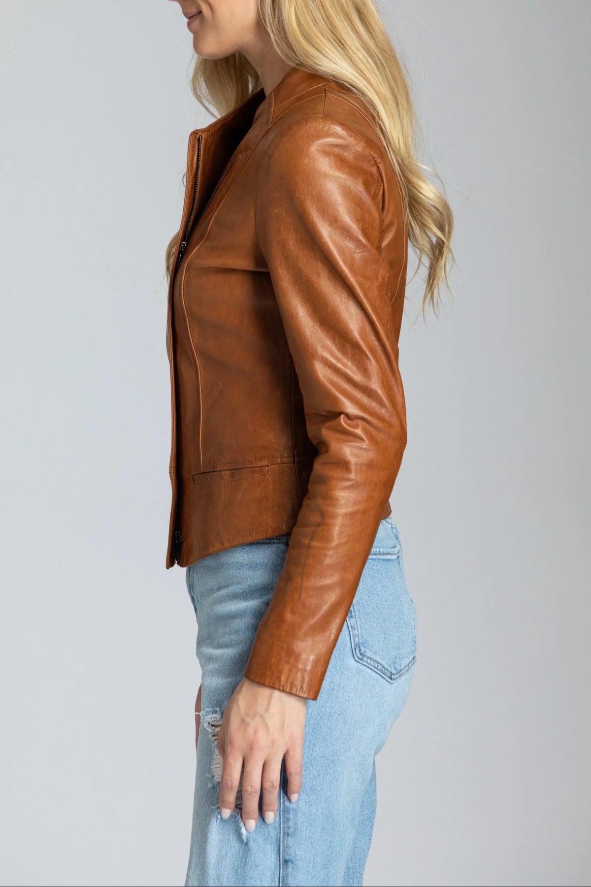 Collarless Lamb Leather Zip Up Jacket