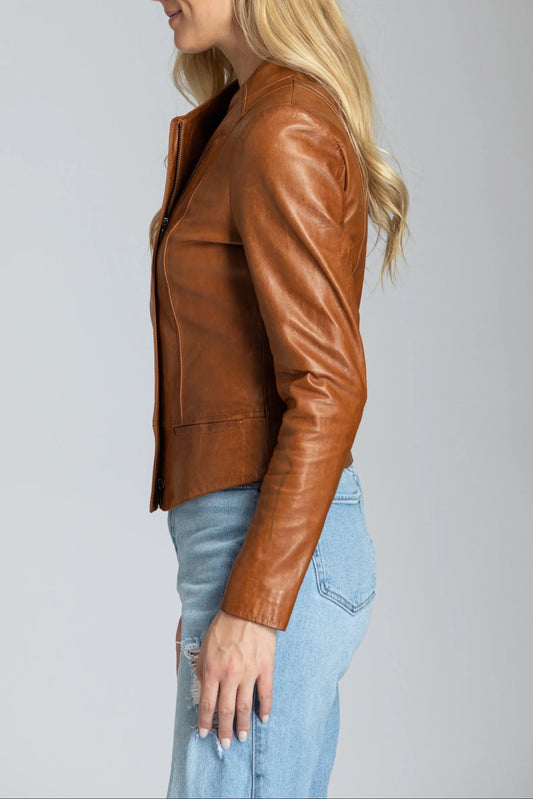 Collarless Lamb Leather Zip Up Jacket