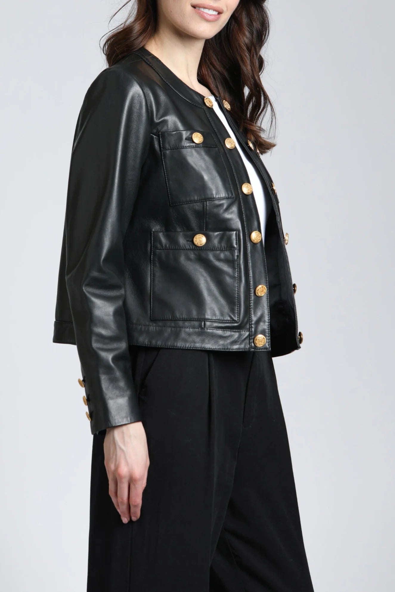 Lamb Leather Jacket With Gold Buttons