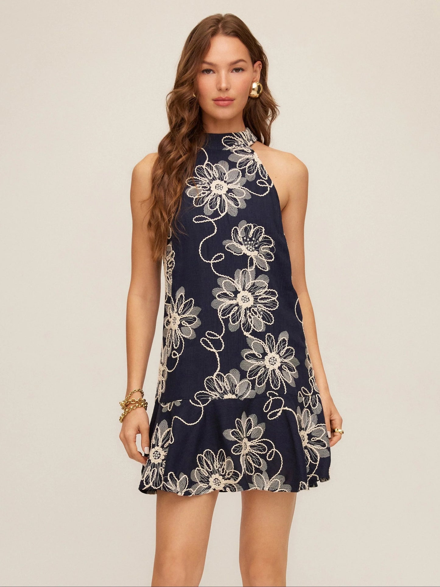 Brenda Embroidered Ruffle Hem Dress