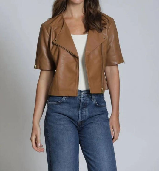 Collarless Short Sleeve Leather Moto Jacket