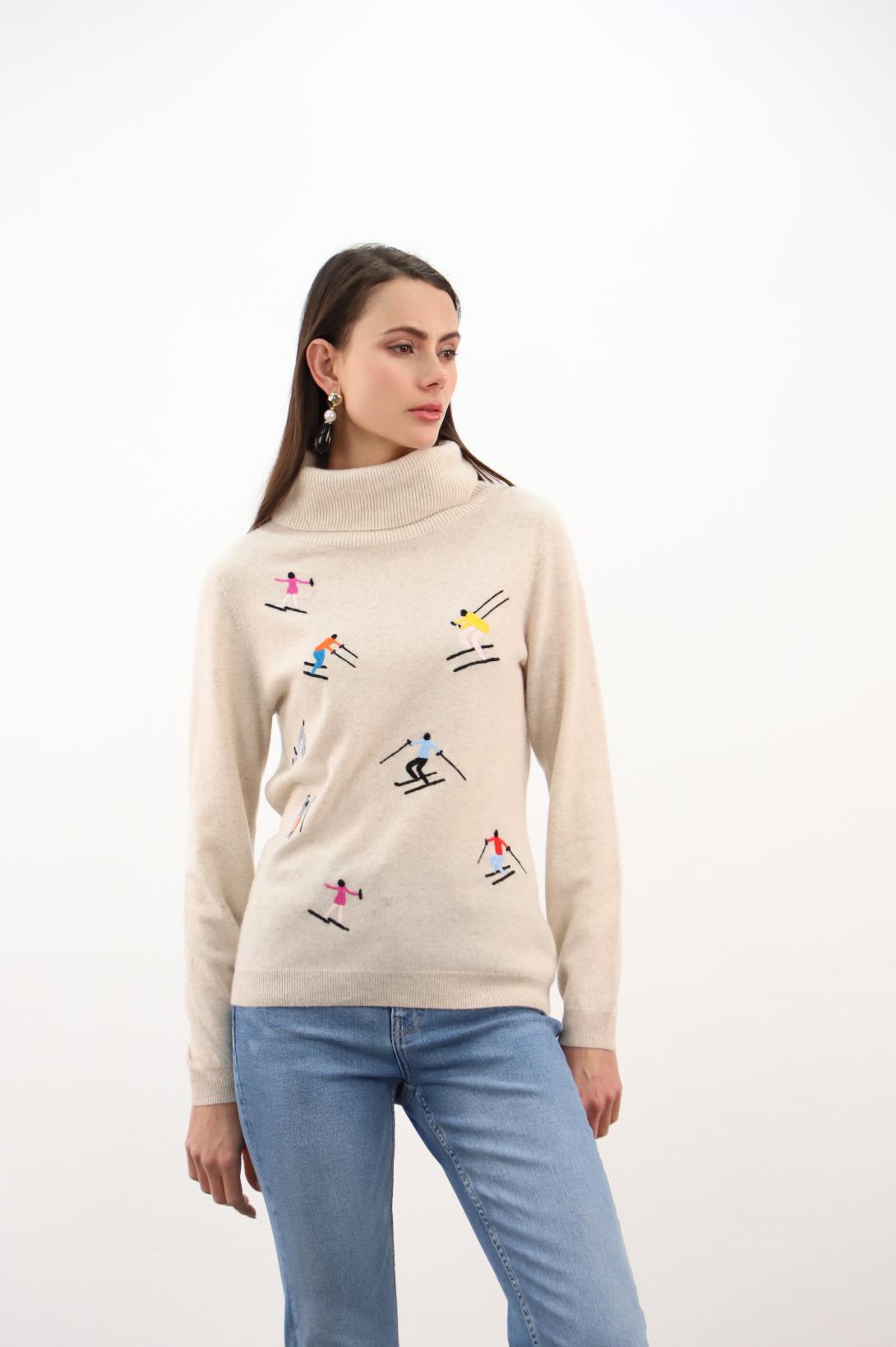 Roll-Neck Sweater w/ Skiers Embroidery