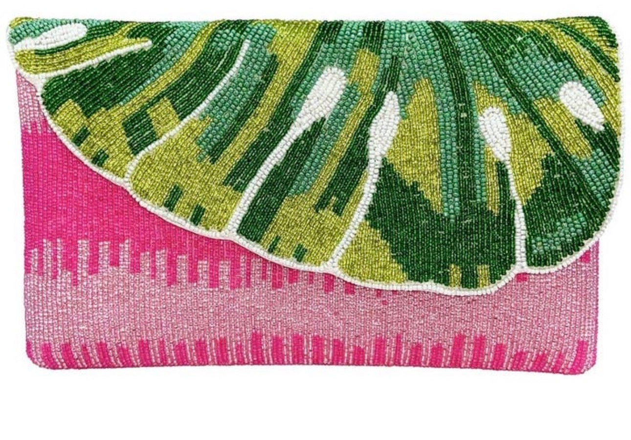 Palm Leaf Foldover Clutch w Chain