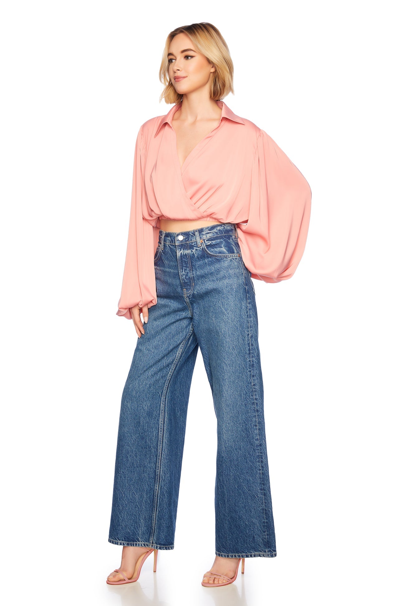 Matte Satin Wrap Poet Sleeve Top