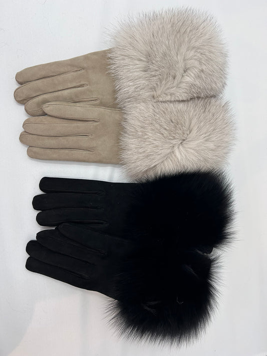 Cashmere Lined Suede Glove w Fox Cuff