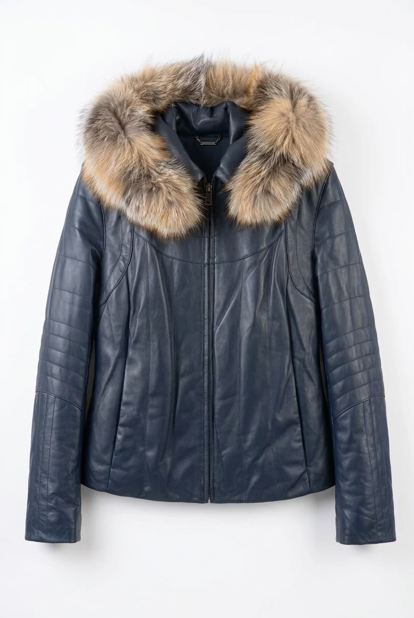 Fur Hood Leather Coat w/ Removable Arms