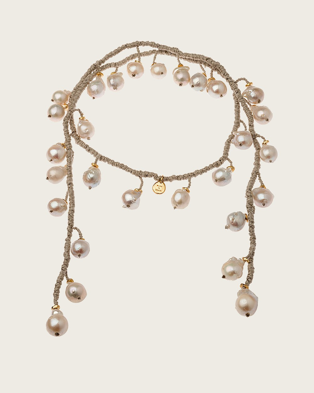 Hand Knotted Linen Lariat With 28 Freshwater Pearls