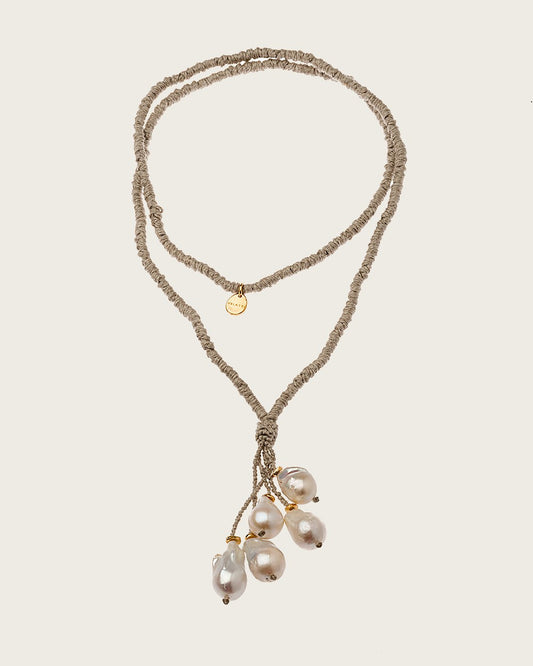 Hand Knotted Linen Long Necklace w/ 5 Freshwater Pearls