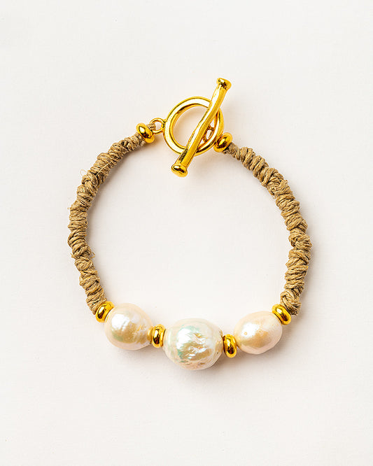Hand Knotted Linen Bracelet w/ 3 Freshwater Pearls
