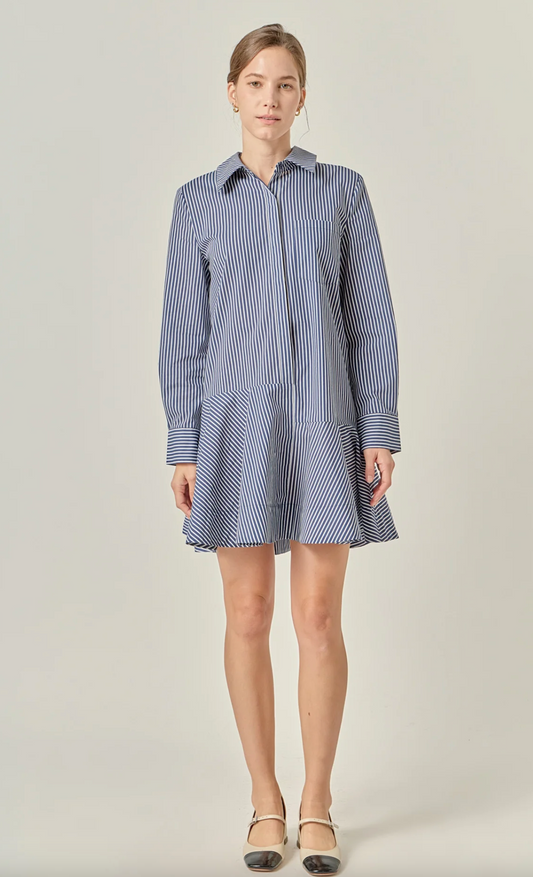 Stripe Collar Flared Skirt Dress