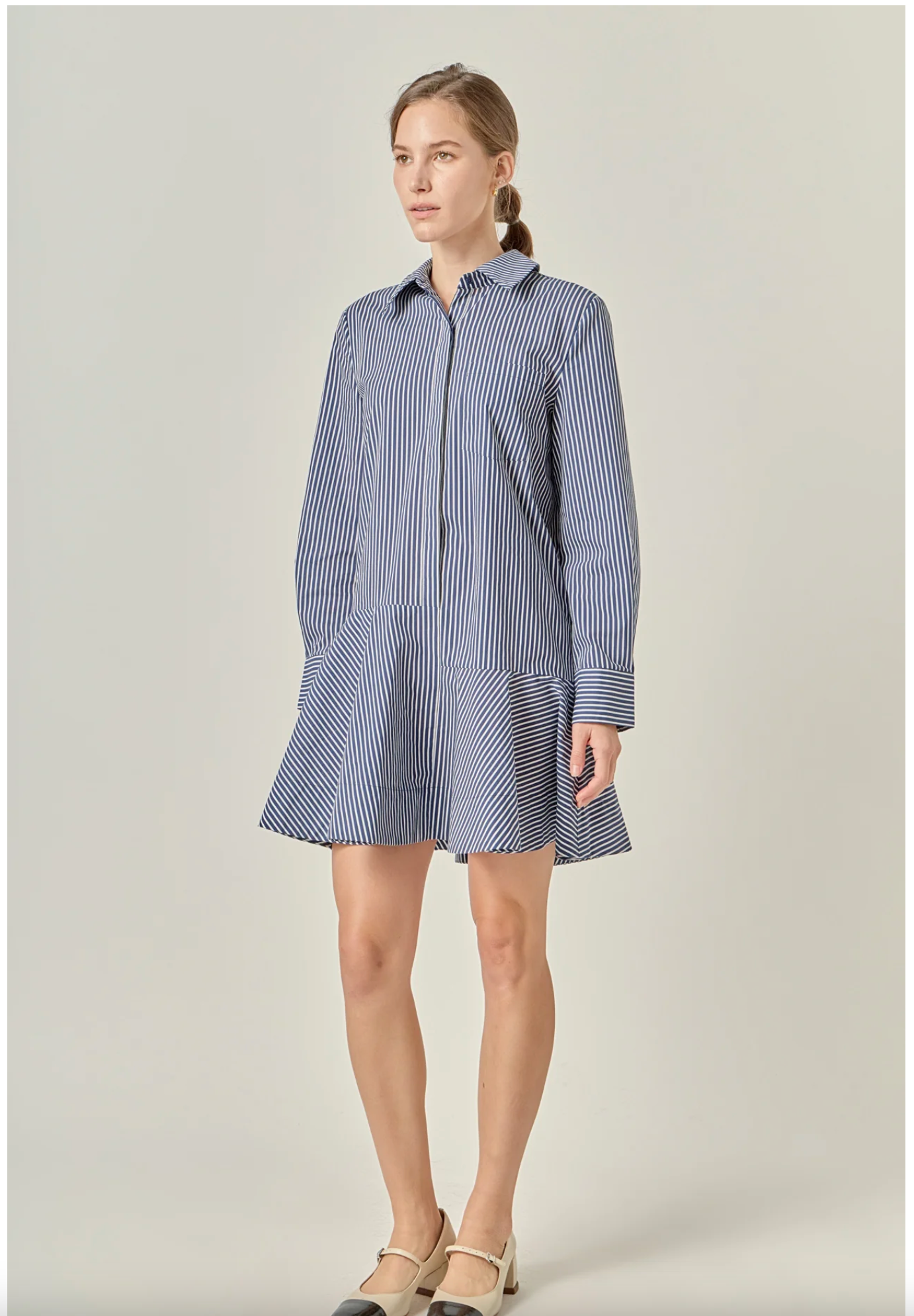 Stripe Collar Flared Skirt Dress