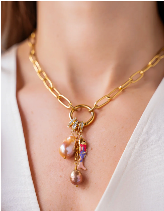 Peach Baroque Pearl Charm Cluster Necklace