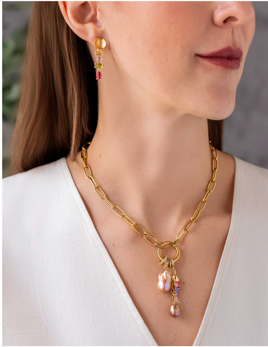 Peach Baroque Pearl Charm Cluster Necklace