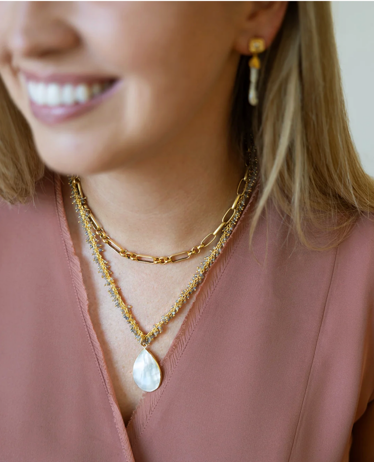 Labradorite Drizzle Necklace Pearl Pendant