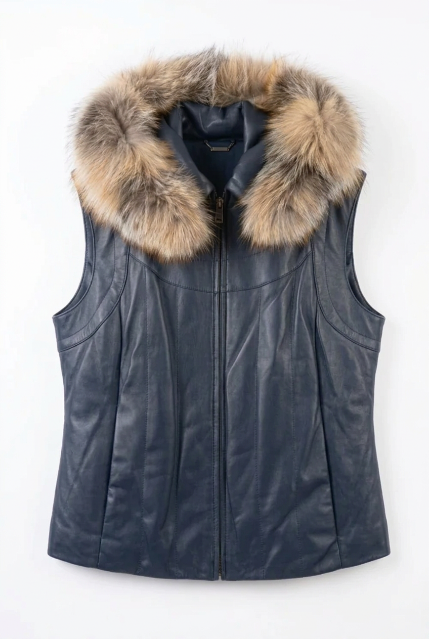 Fur Hood Leather Coat w/ Removable Arms