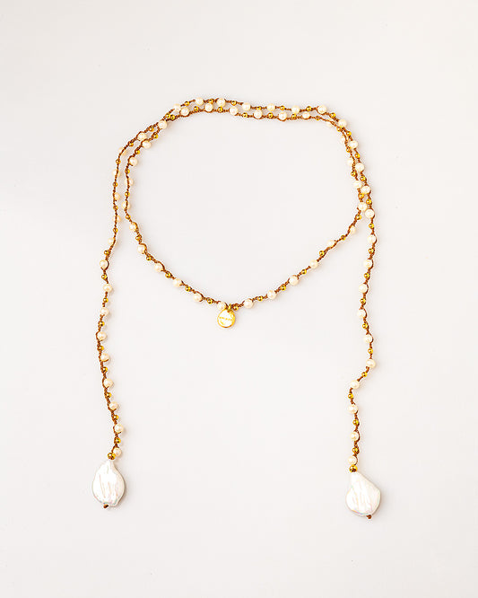 Hand Braided Lariat w/ Gold Plated Pieces and Freshwater Pearls