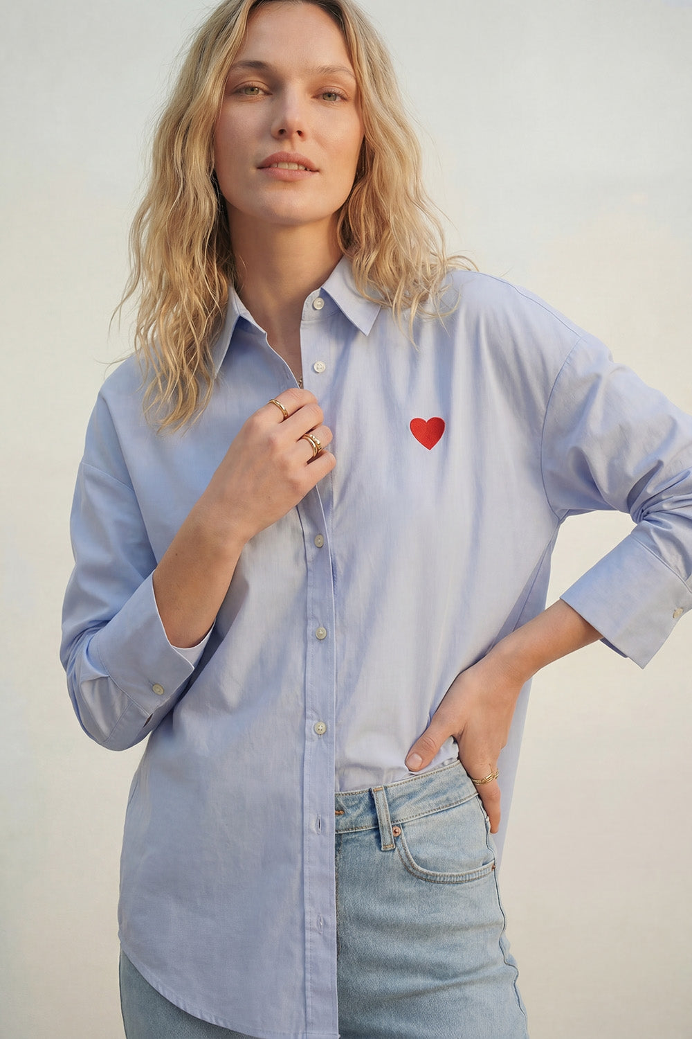 Oxford Cotton Shirt with Embroidered Red Heart