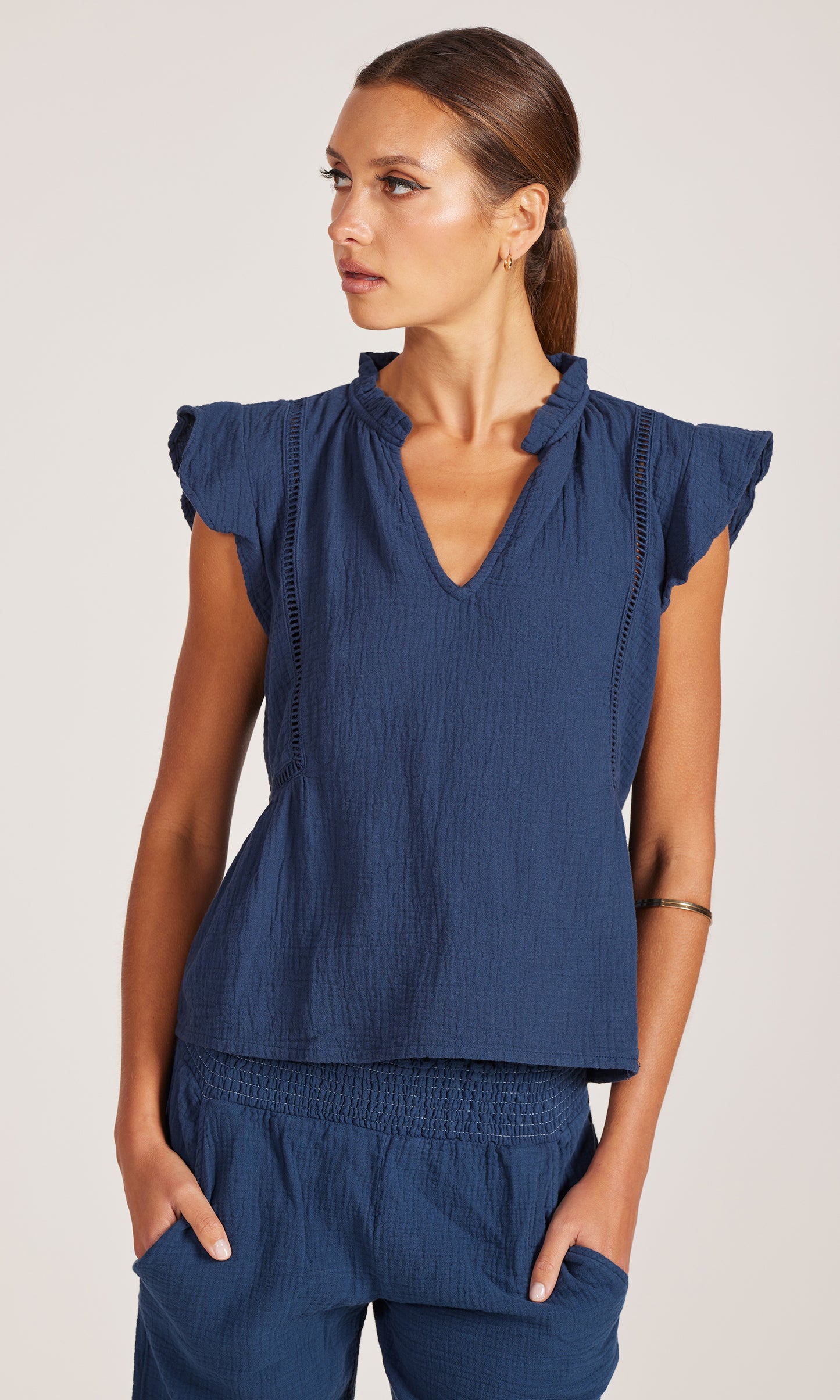 Flutter Sleeve Split Neck Top