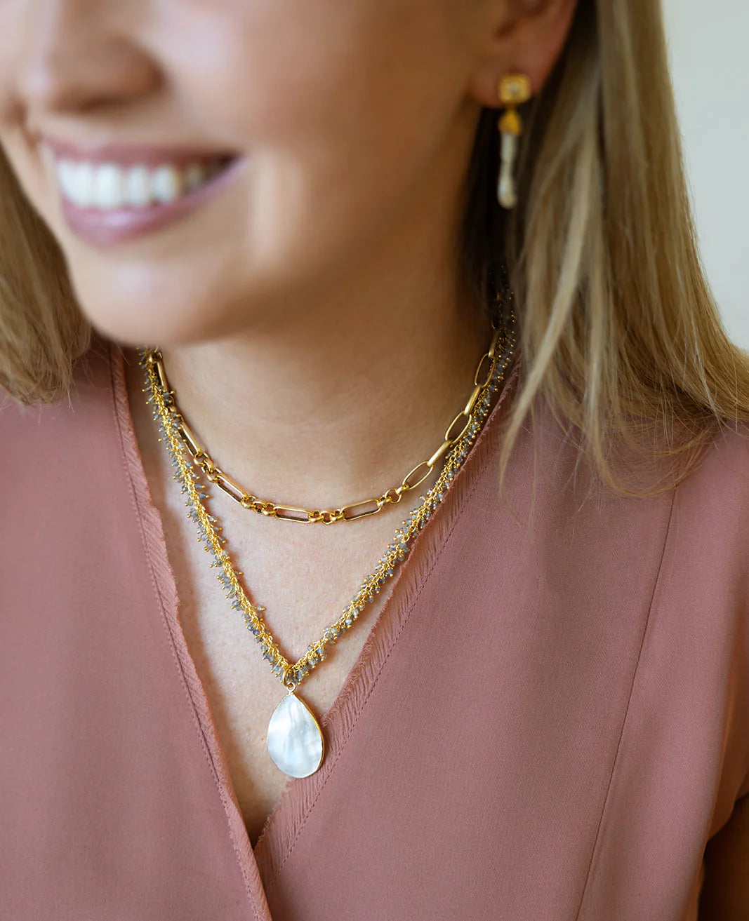 Labradorite Drizzle Necklace w Pearl Pendant