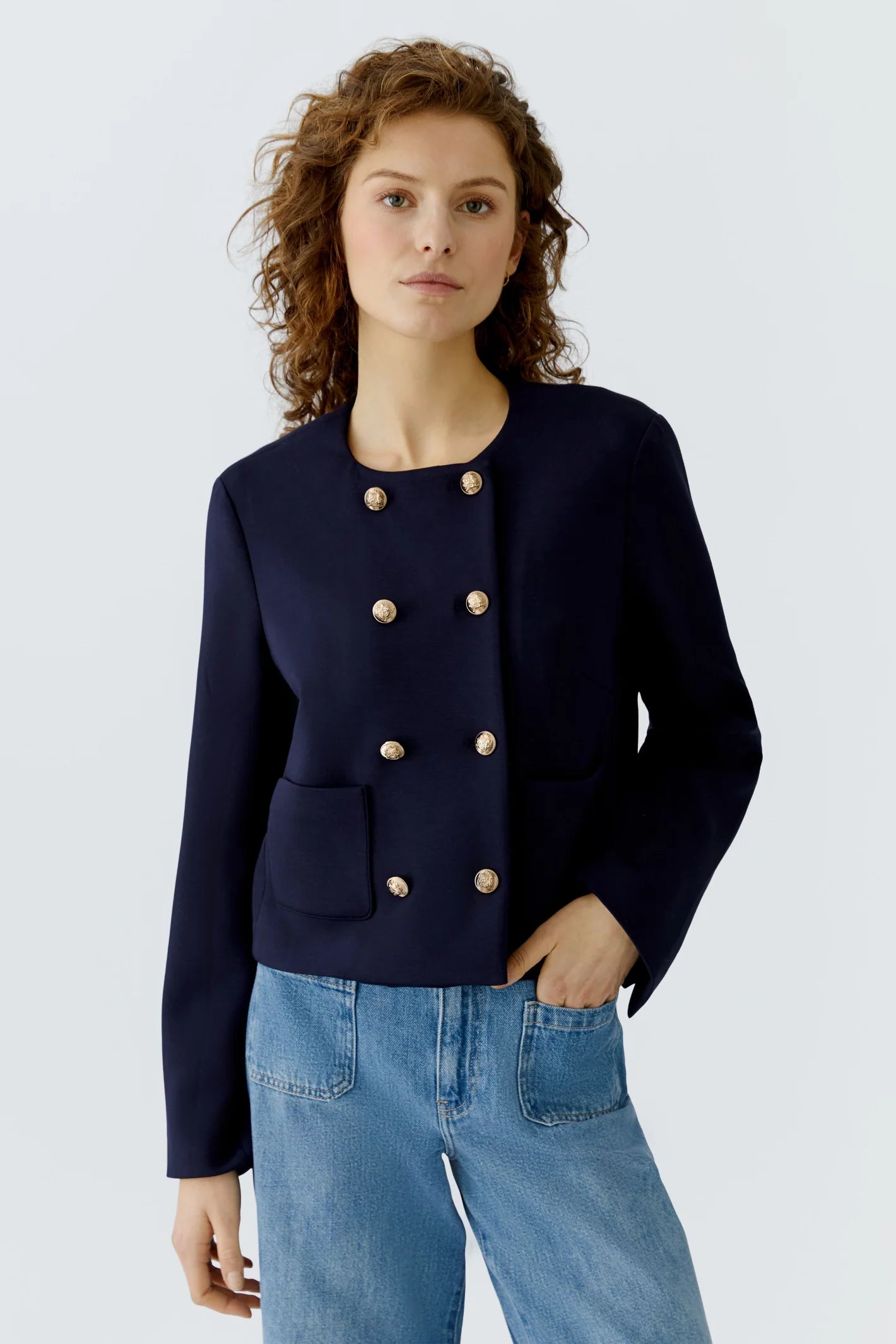 Collarless Scuba Jacket with Gold Buttons