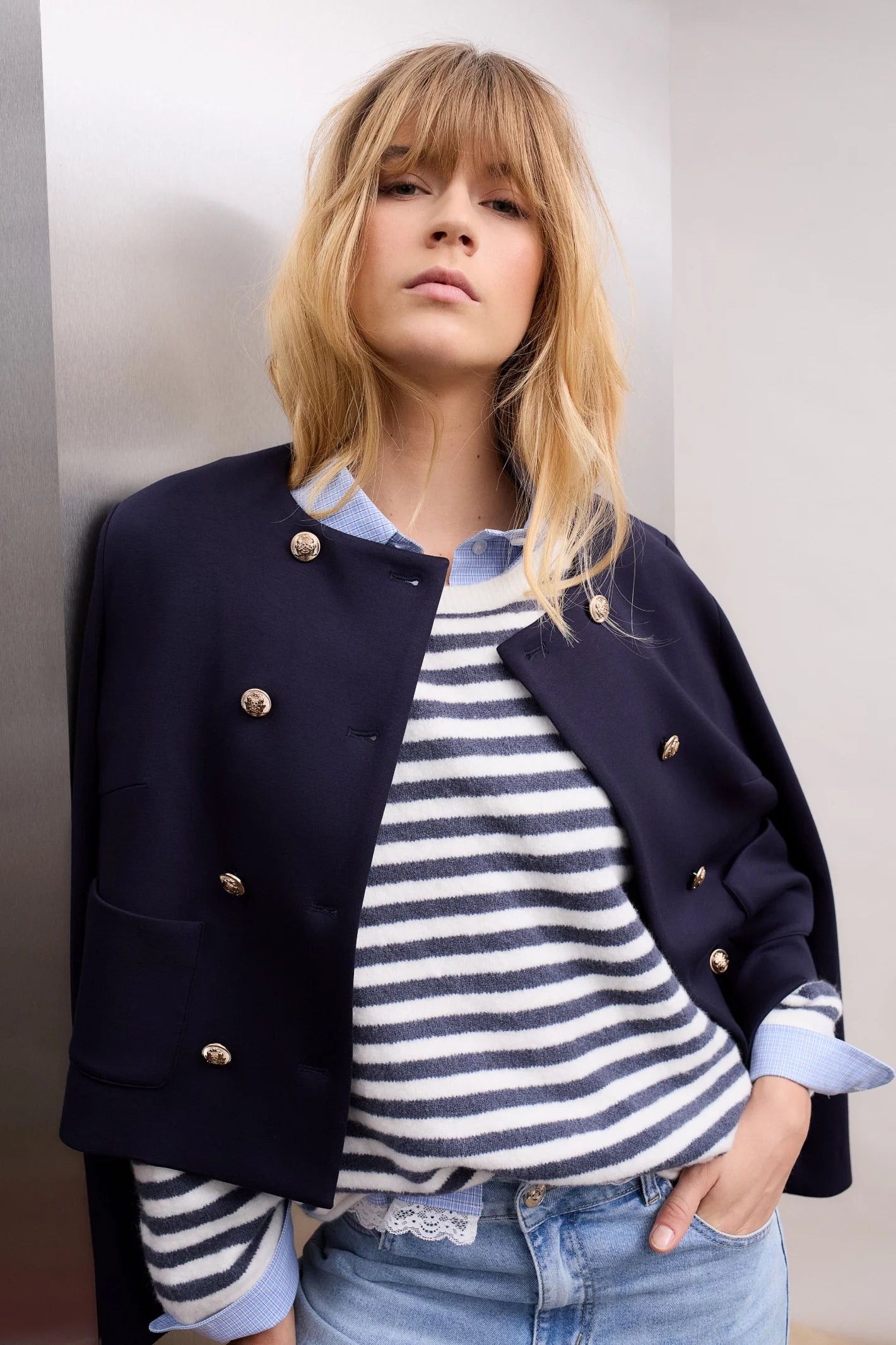 Collarless Scuba Jacket with Gold Buttons
