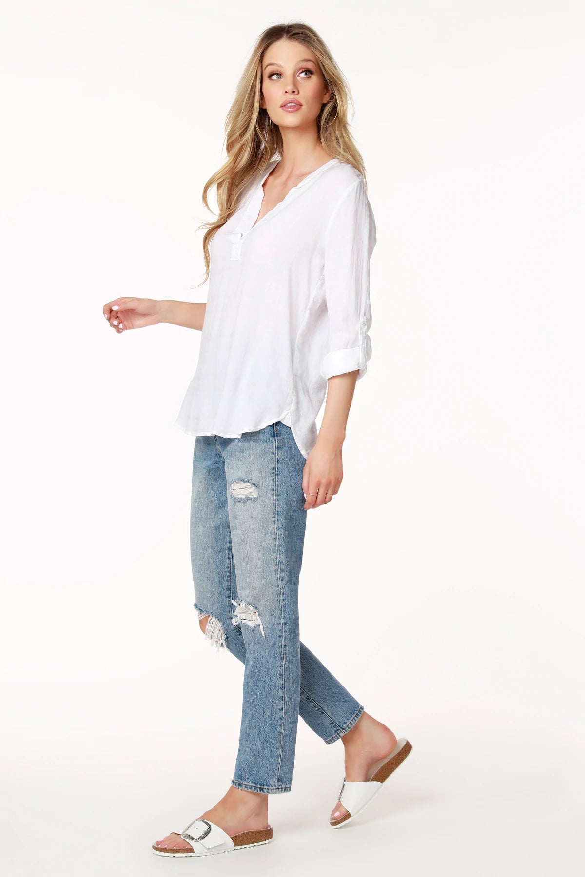 Tab Sleeve Split Neck Top