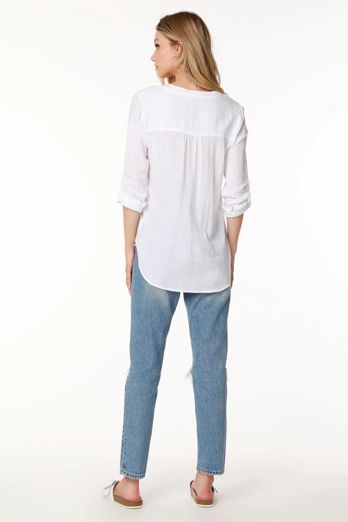 Tab Sleeve Split Neck Top