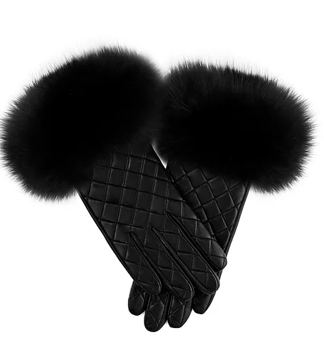 Quilted Leather Gloves w/ Fox Trim