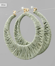 Load image into Gallery viewer, Raffia Wrapped Crescent Hoops
